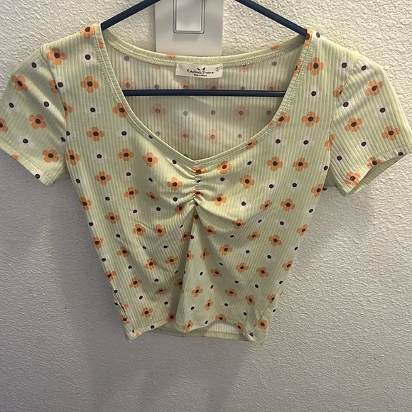 COPY - Flower T-shirt: lime green with orange and white flowers, size US small - Picture 1 of 3